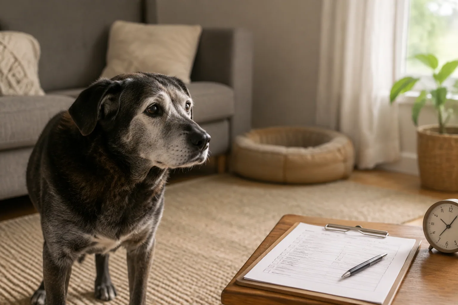 Older dog looking toward its caregiver in a quiet room