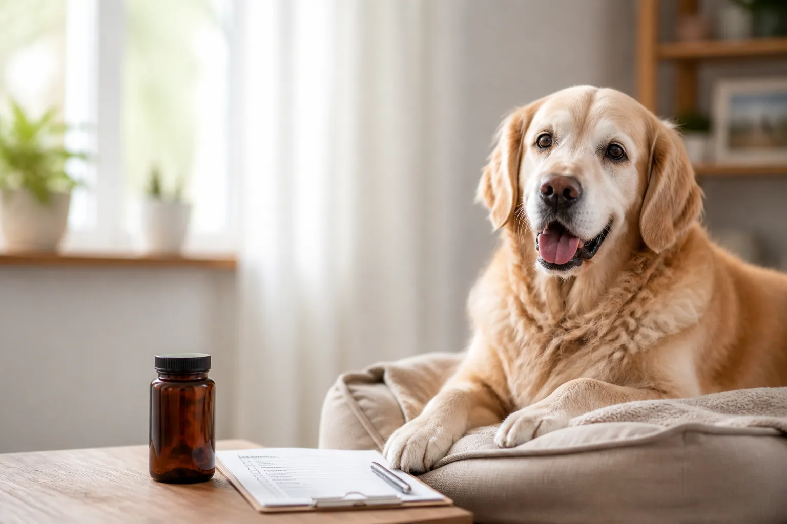 Senior dog resting comfortably beside a sunlit window