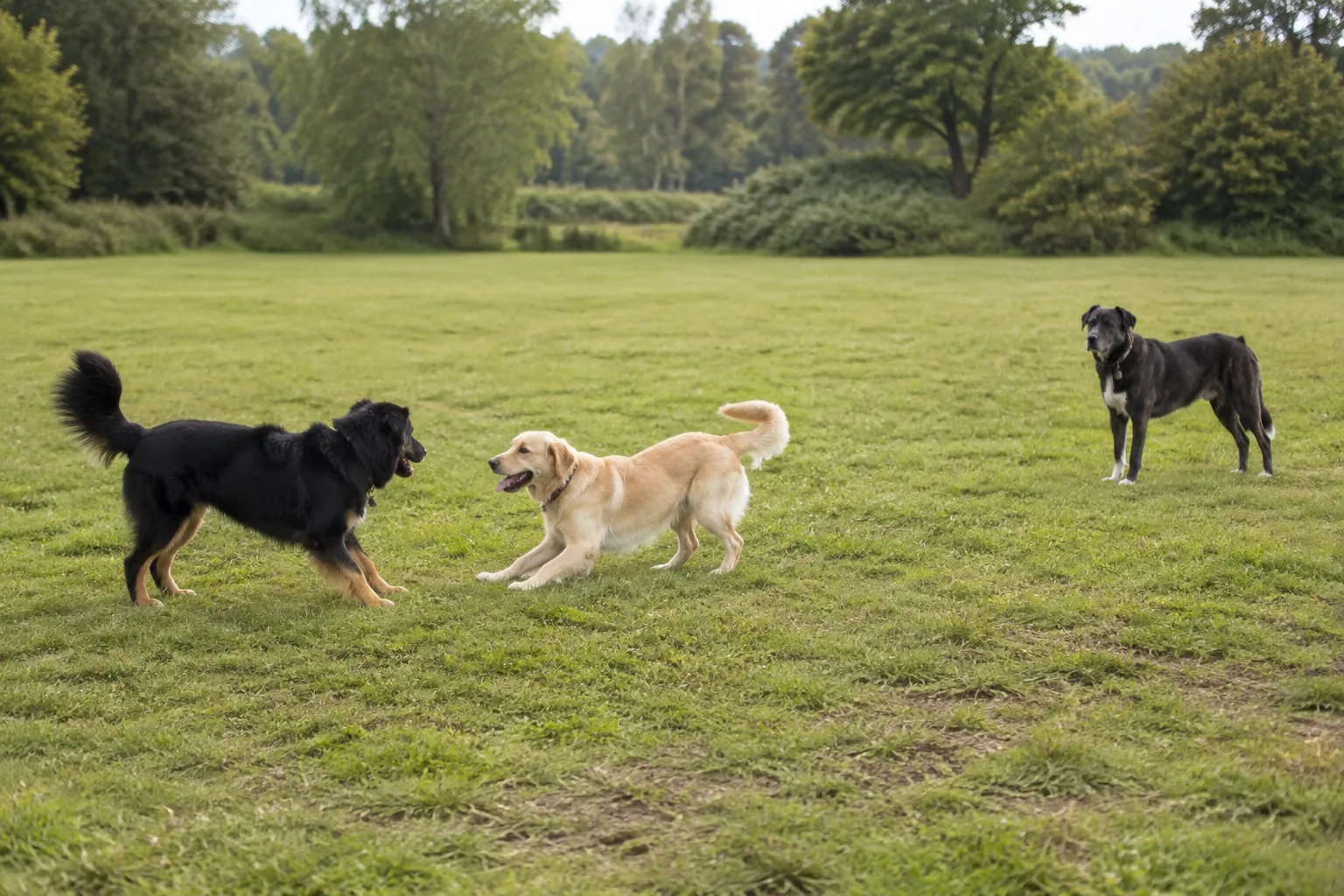 Two relaxed dogs greeting with curved bodies in an open space