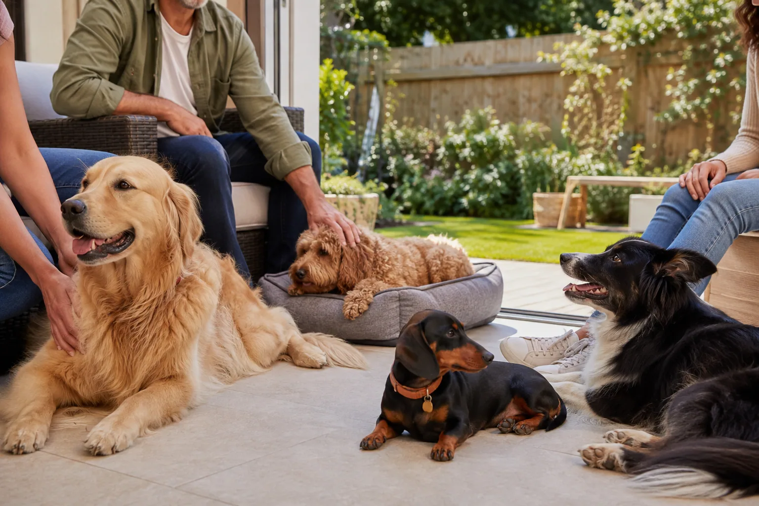 Several different dog breeds relaxing with their caregivers