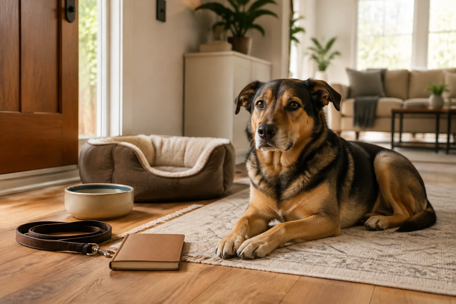 A relaxed dog at home beside a leash, water bowl, and bed