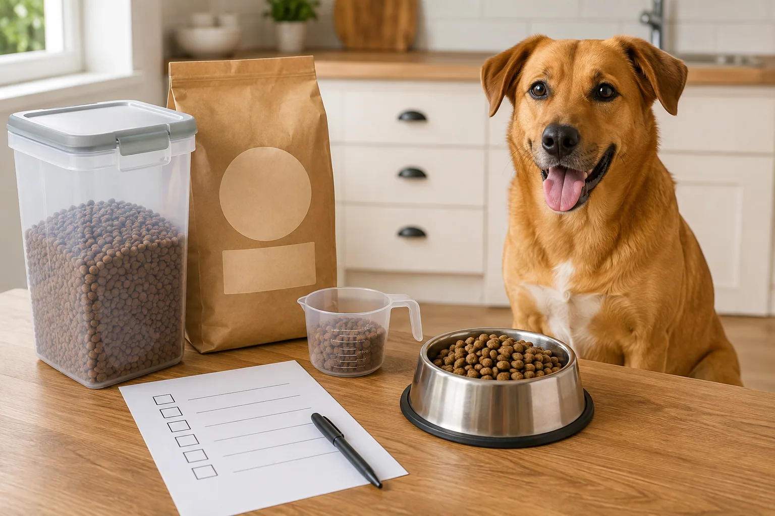 Dog food package, measured bowl, storage container, and label notes