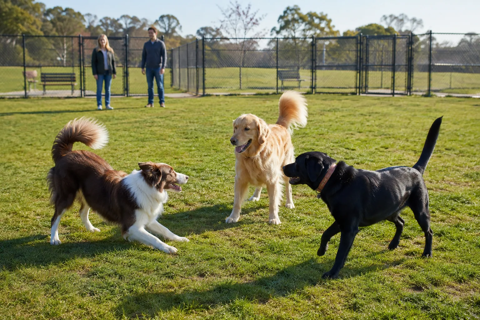 Dogs playing calmly in a spacious fenced park with attentive owners