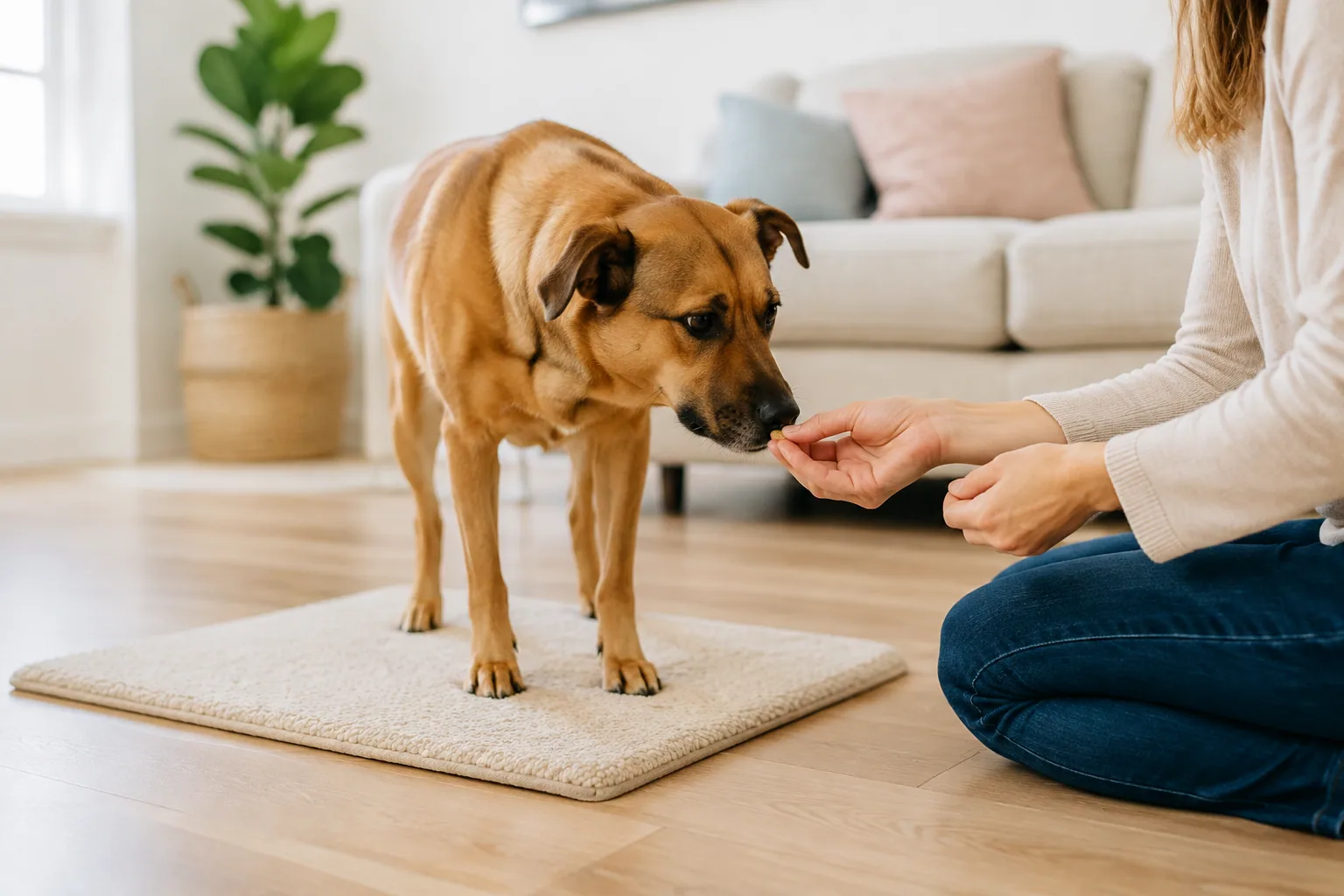 Dog and caregiver practicing a calm reward-based training exercise