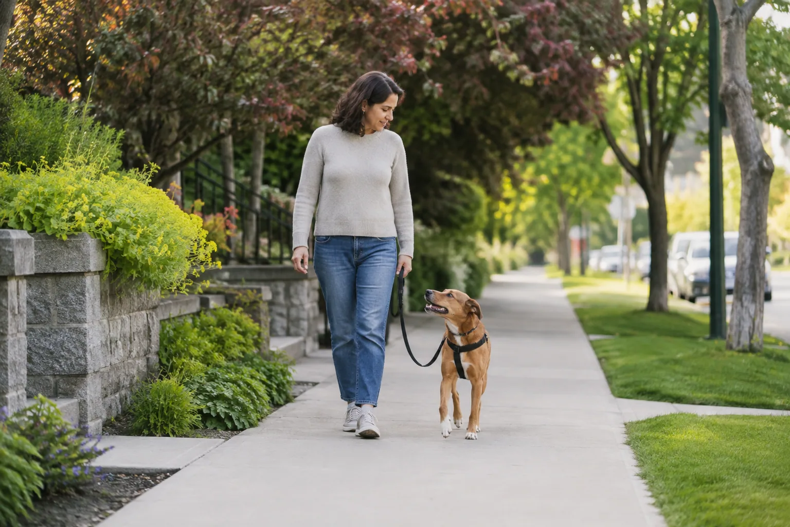 Professional dog walker calmly walking one dog on a quiet path