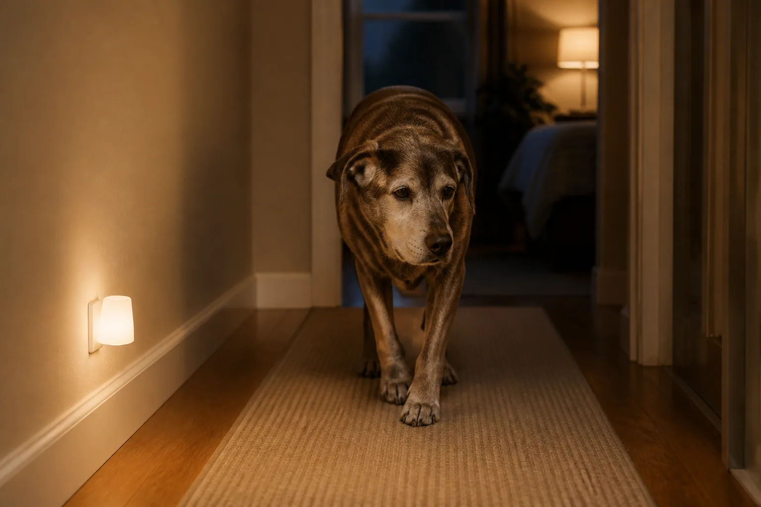Senior dog awake on a comfortable bed in a softly lit room