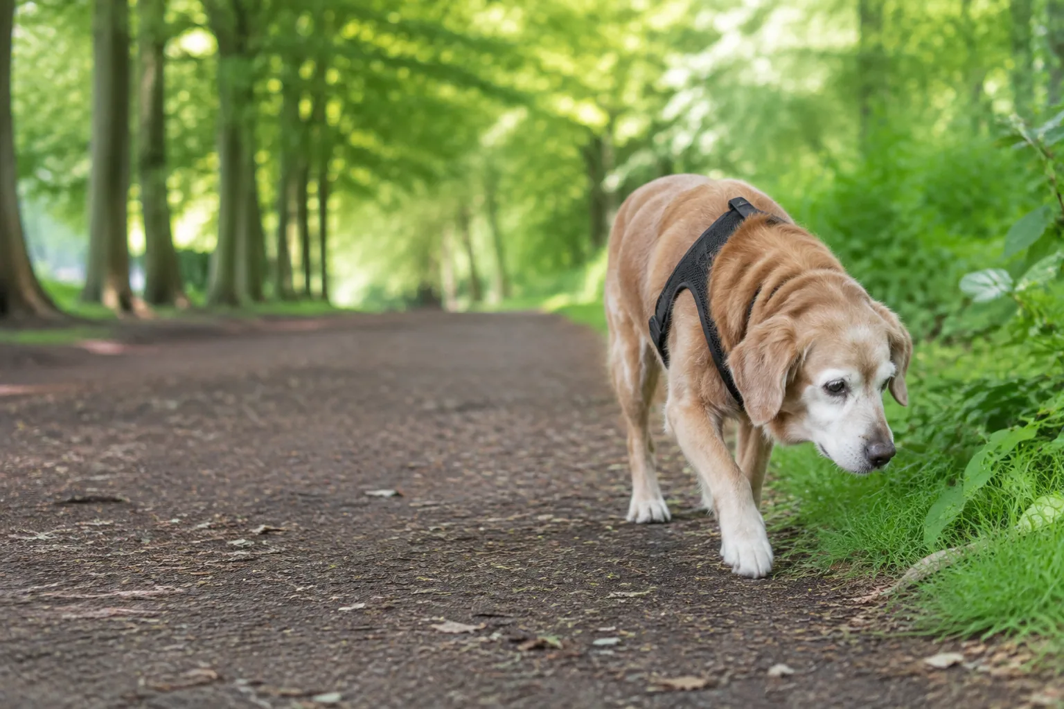 Older dog taking a relaxed walk on a level shaded path