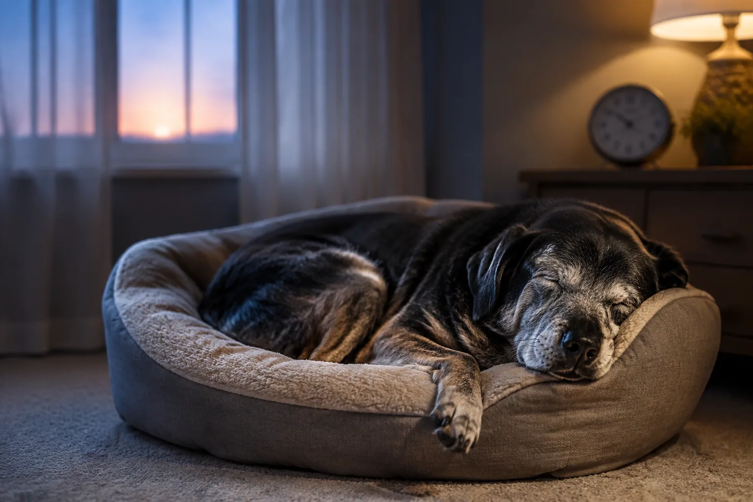 Older dog sleeping on a supportive bed during the daytime
